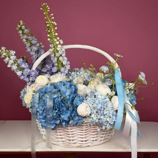 Blue Breeze: Basket with Hydrangea, Peonies and Delphinium