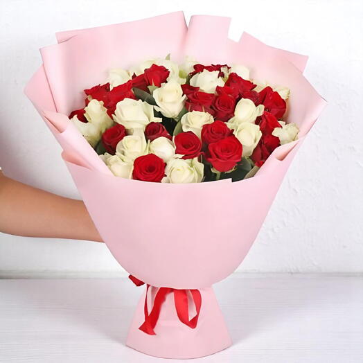 51 Red and White Roses Mixed Bouquet – Elegant Romantic Rose Arrangement with Pink Wrapping
