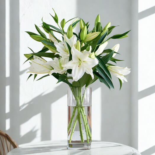 White Lily Glass Vase Elegance