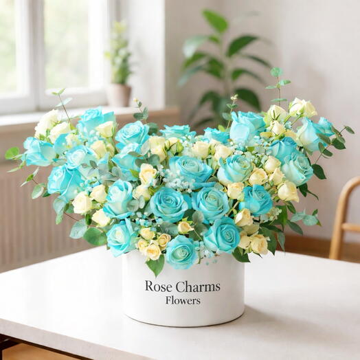 Azure Elegance – 20 Blue Roses   White Spray Roses in White Box