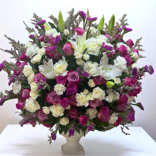 Marble 10 – Luxury Purple   White Flower Arrangement in Ceramic Vase with Lilies, Roses, Carnations (60cm)
