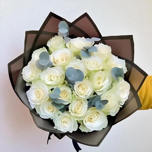 White Ruscus Bouquet – 20 White Roses with Eucalyptus | Luxury Floral Arrangement