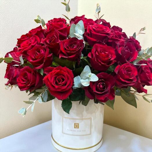 Flowers in a Box 45 – Luxury Red Rose   Eucalyptus Round Box Arrangement