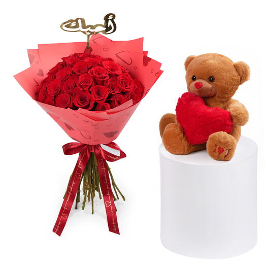 Букет из 35 красных роз любви с арабской биркой и плюшевым медвежонком