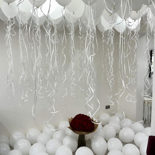 Surprise White Balloons Decoration with Red rose Bouquet