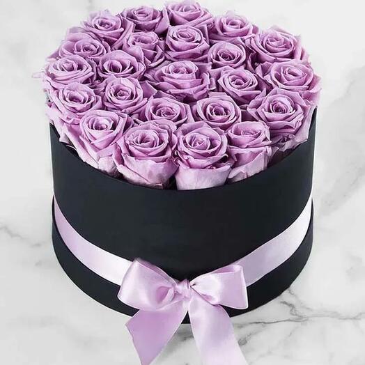 Purple Roses in Black Round Box