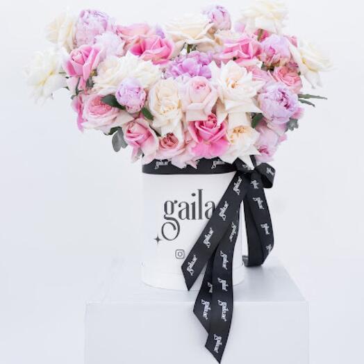 Pink white mix flowers in a box