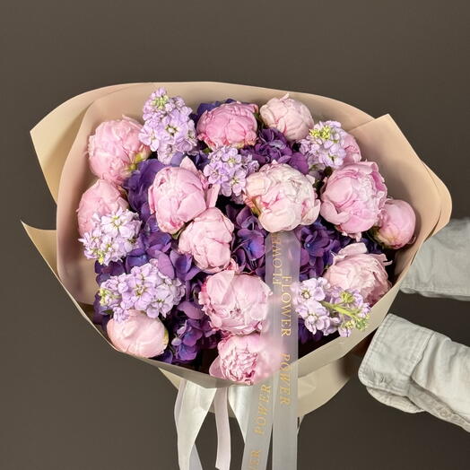 Midnight Bloom: Bouquet of Hydrangea, Peonies and Matthiola
