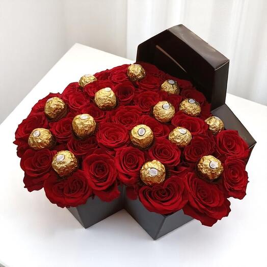 Luxury Red Rose   Ferrero Rocher Chocolate Gift Box – 31 Roses   12 Chocolates in Designer Black Box (25cm)