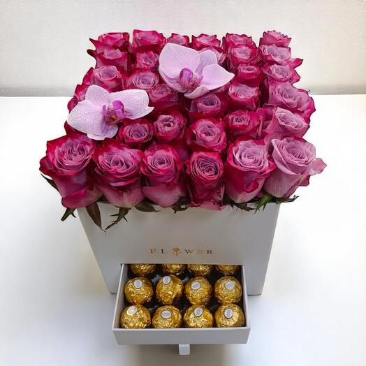Purple Rose Flower Box with Orchids   Belgian Chocolates – Luxury Gift Box with 200g Ferrero Rocher