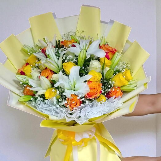 Best Wishes; Roses with Lilies Boquet