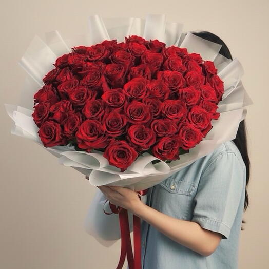 51 rosas rojas en envoltorio esmerilado