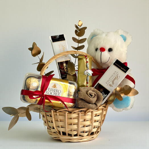 Делюкс Любовь   Обнимашки Корзина | Lindt, Ferrero   Премиальный плюшевый мишка | Доставка подарков в тот же день в Дубае