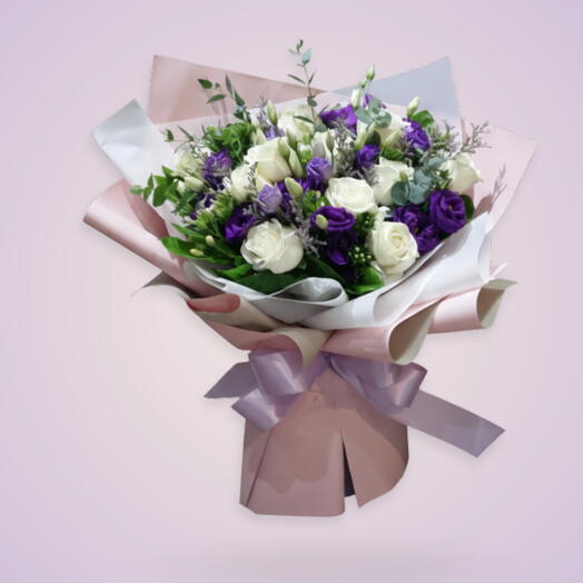 Grey purple:6 stem purple lisianthus, 10 stem white rose