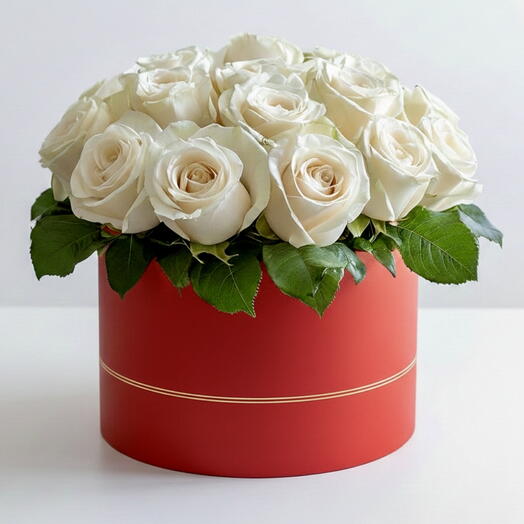 Crimson Snow – 25 White Roses in a Red Box