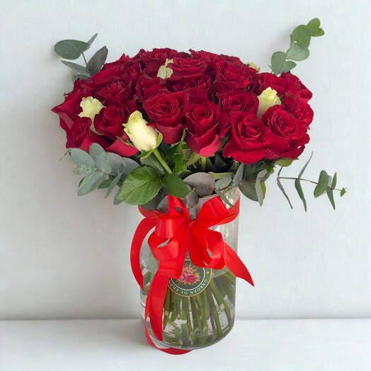 Luxurious Vase of 36 Red Roses   6 White Roses with Eucalyptus