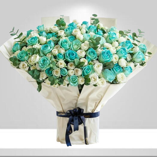 Parisian Designer Premium Blue White Roses Bouquet
