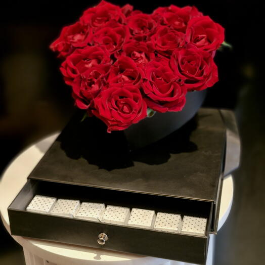 Flower in heart box with  chocolates