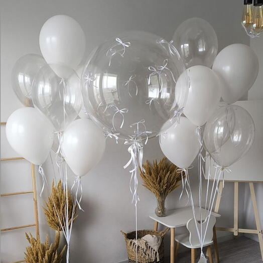 Set de globos de helio con lazo transparente y blanco
