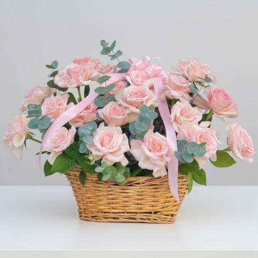 25 Pink Roses in Basket