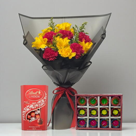 Diwali Lights   Love Gift Set – Flowers, Lindt   12 Diyas | Same-Day Dubai