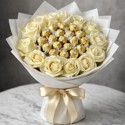 21 Ferrero Rocher   باقة من 15 وردة بيضاء – هدية أنيقة من الشوكولاتة والزهور