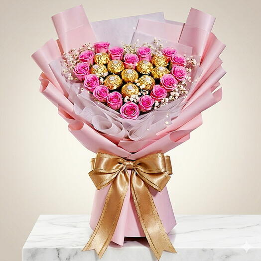 باقة فيريرو روشه رومانسية مع 15 وردة وردية - تنسيق هدية فاخر