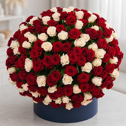 50 Fresh Live Red and 50 White Roses Bouquet in A Box