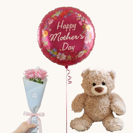 Mothers Day Pink Rose, Teddy Bear   Balloon Combo | Abu Dhabi Delivery