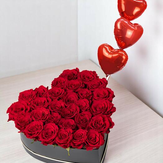 Heart Box With red Roses   Foil Balloons