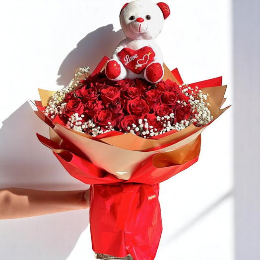Red Rose and Teddy Bouquet