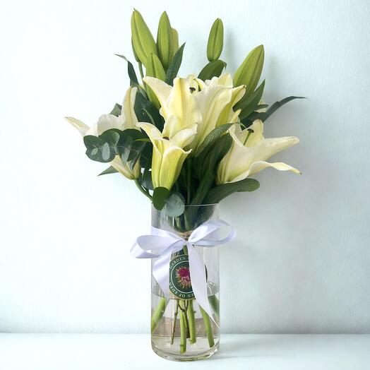 Pure Grace | 5 White Lilies in Elegant Vase Arrangement