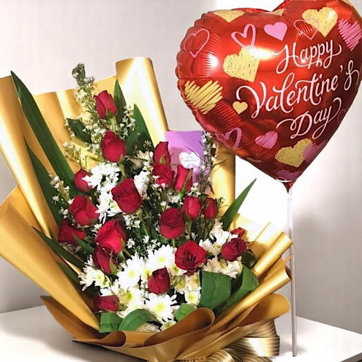 Red rose bouquet with balloon