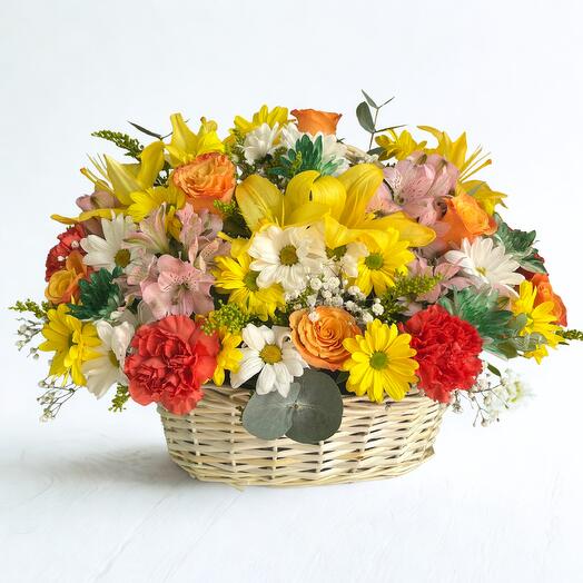 Sunset Bloom Basket | Mixed Lilies, Roses, Daisies   Chrysanthemums