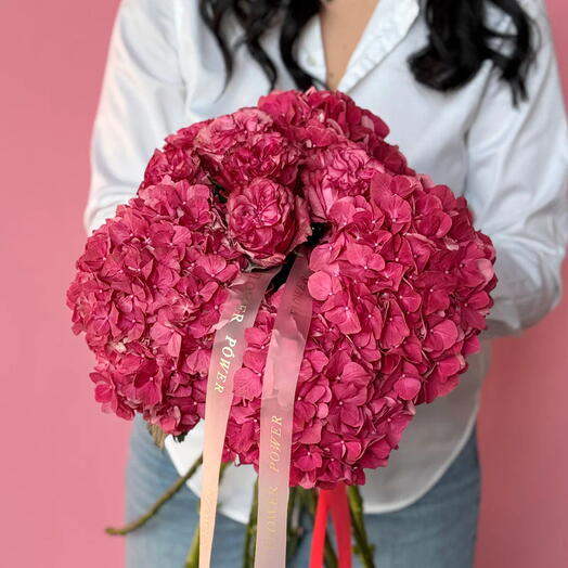 Pink Symphony: Medium Bouquet of Fuchsia Pink Hydrangeas and Garden Roses