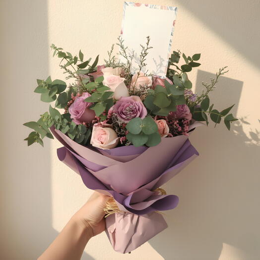 Bouquet de roses roses et violettes