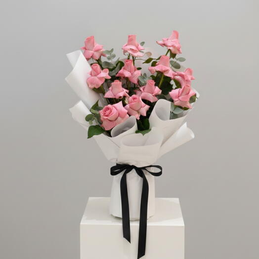 Sweet Cheeks- 11 Pink Rose and Eucalyptus stylish Bouquet