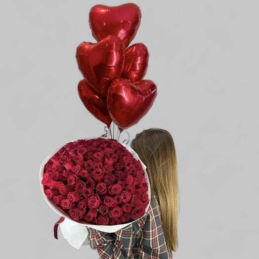 Pour la Saint-Valentin pour une bonne humeur" Bouquet de roses rouges et ballons en forme de cœur