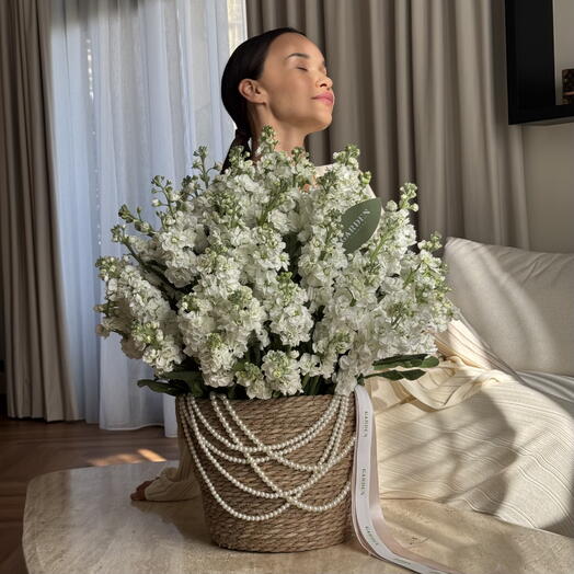 Basket of white matthiola (size L)