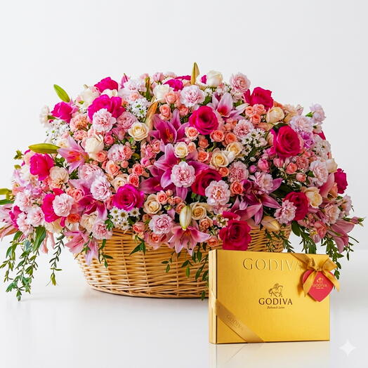 Великое изобилие, 200+ смешанных цветов, подарок Godiva, роскошная корзина