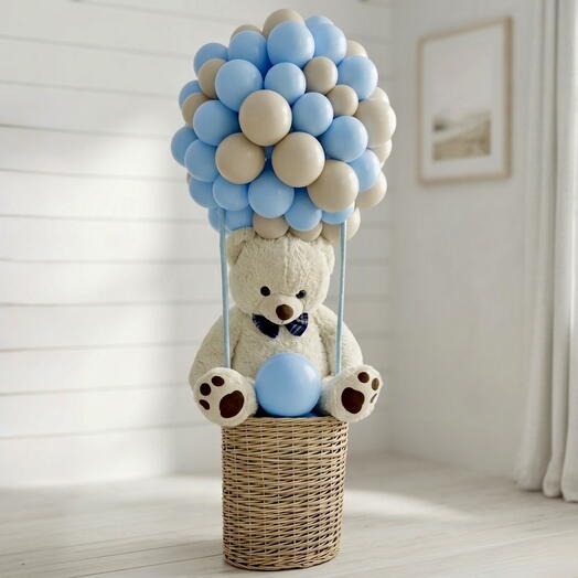 Baby Boy Air Balloon Teddy Setup – Blue   White Luxury Display (4–5 ft)