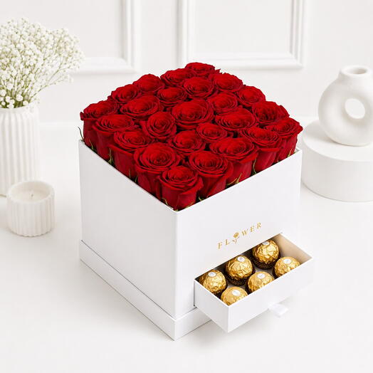 Жемчужная Романтика – 25 красных роз   Коробка Ferrero Rocher