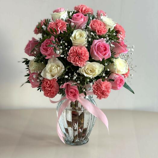 Elegant Vase of 10 Pink Roses, 10 Pink Carnations   6 White Roses