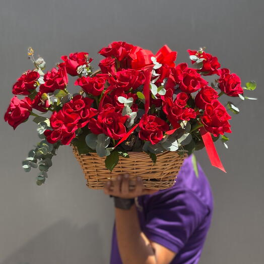 Radiant Romance Basket | 25 Red Roses with Ribbon – Elegant Gift for Love   Passion