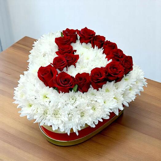 Heart-Shaped Red and White Rose-Chrysanthemum Box Arrangement