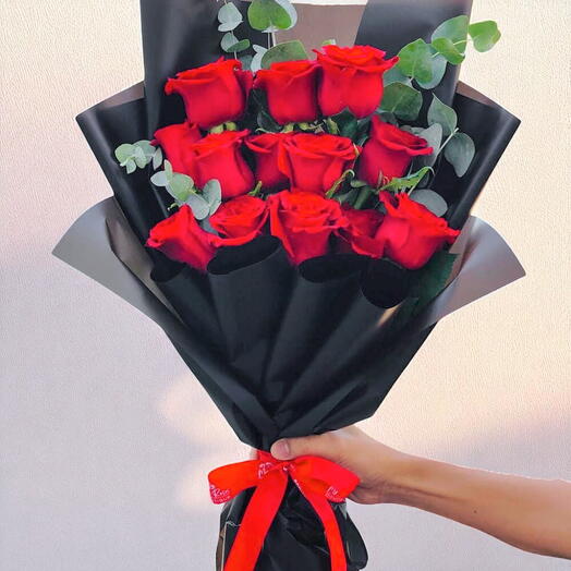 12 Red roses   2 Eucalyptus