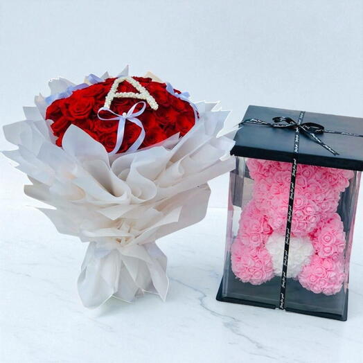 Ramo rojo Elegance y osito de espuma rosa