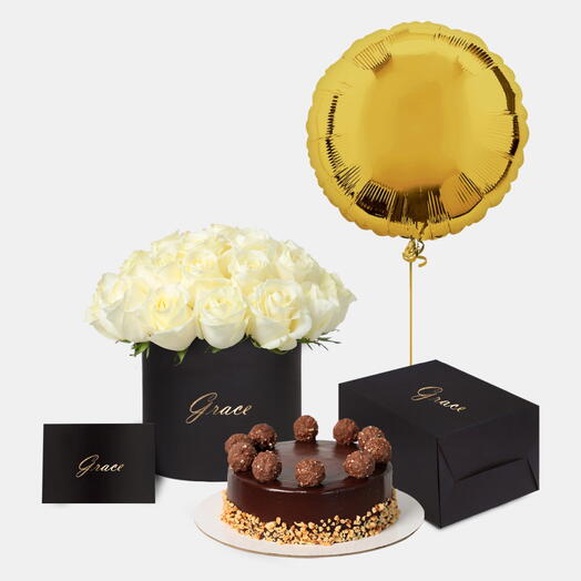 White Roses in Box with Ferrero Cake Bundle