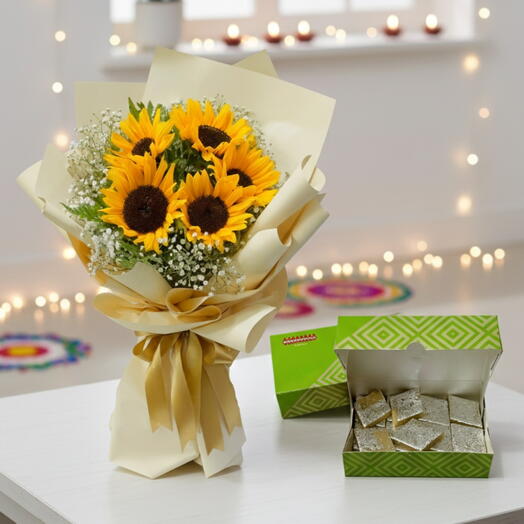 Golden Bloom Gift Set | 5 Sunflowers   Kaju Katli Sweets – Elegant Gift Dubai