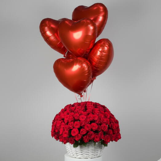 Panier de 200 roses rouges   Bouquet de ballons